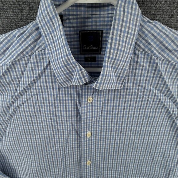 David Donahue Long Sleeve 17 34/35 Blue Check Trim Button Up Shirt Men Cotton - Picture 1 of 11